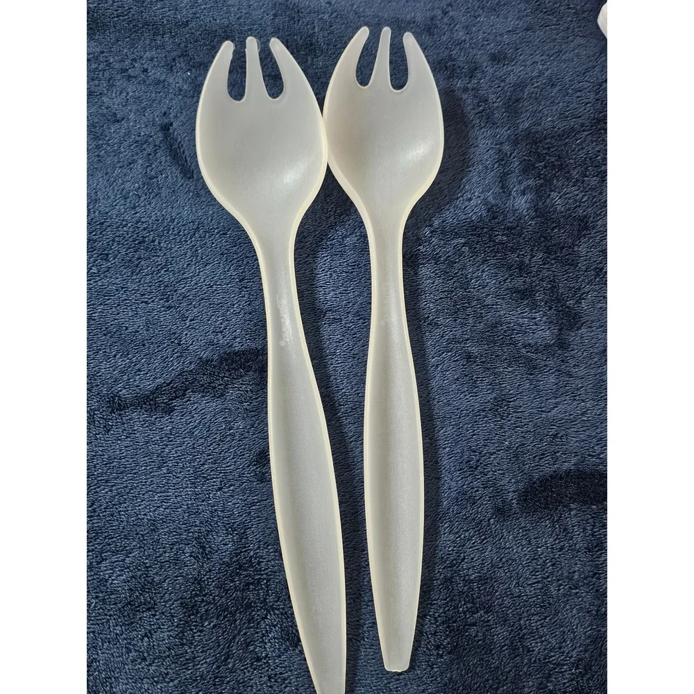 Vintage Tupperware Sheer Frosted Clear Salad Server Set Spork Tongs 2 Piece